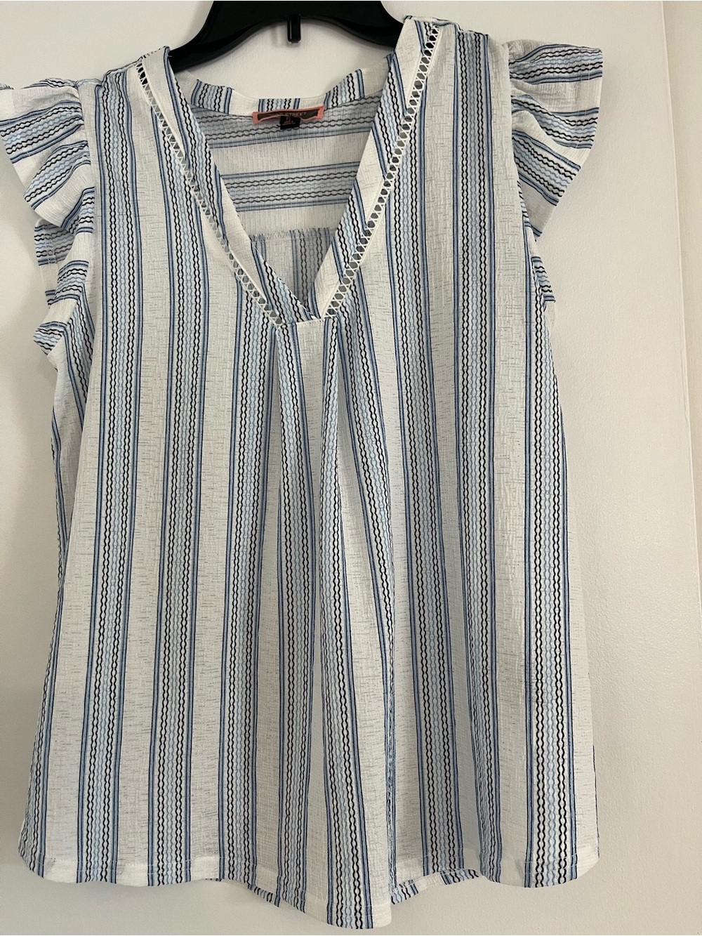 50th Street Sleeveless V-Neck Striped Flutter Top - Blue/White Size: Petite Sml - Picture 9 of 9